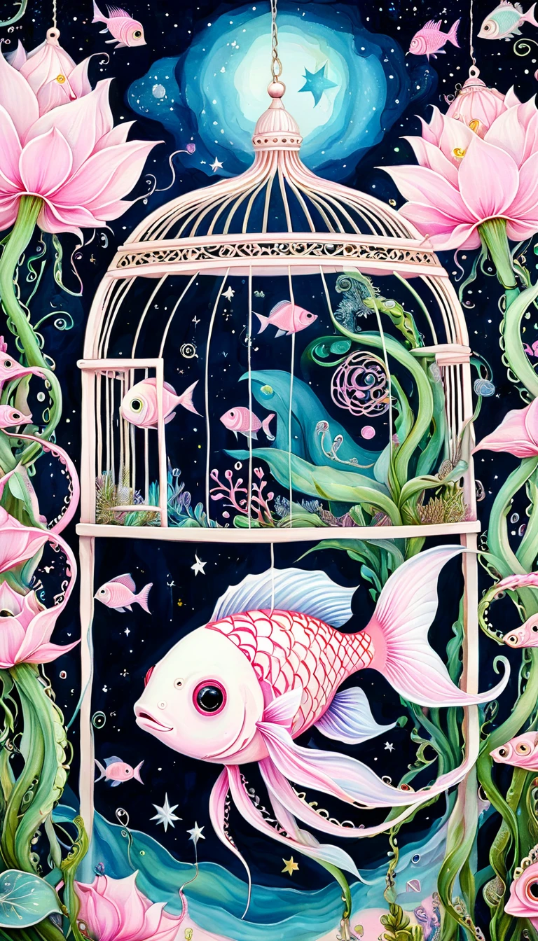 Light pink fish in the birdcage,plant,Tentacles,Eye、Starry Sky,Stitching together an abstract painting,Describing the inner world of autistic people,Sense of space,White Space,interesting,Innocence,Psychedelic Art,Pink theme