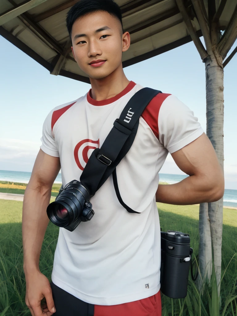 A handsome, muscular young Asian man looks at the camera. In a simple t-shirt white and red , Fieldside, grass, beach, sunlight, Carrying a camera