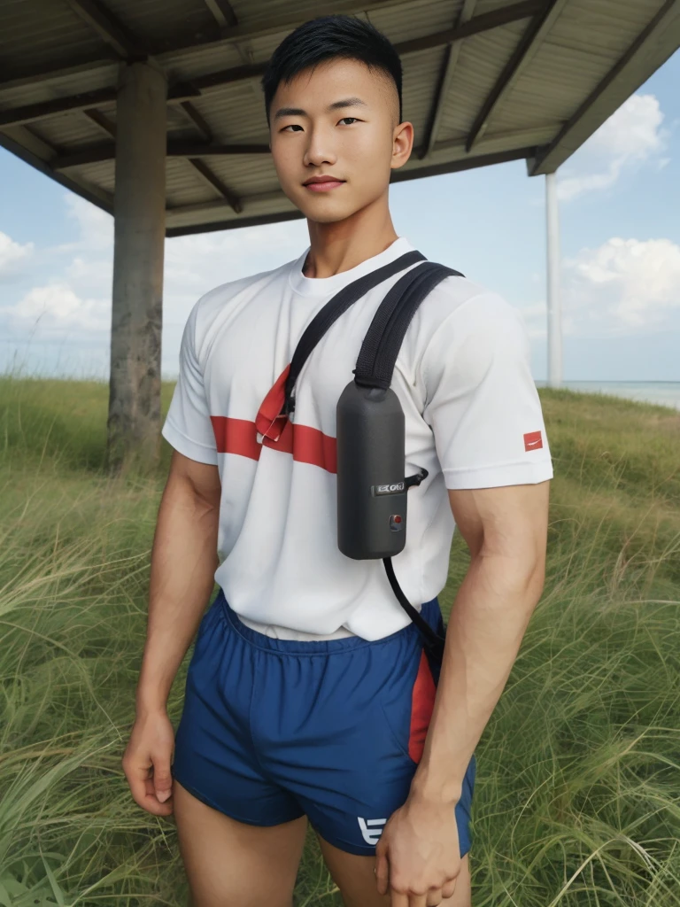 A handsome, muscular young Asian man looks at the camera. In a simple t-shirt white and red , Fieldside, grass, beach, sunlight, Carrying a camera