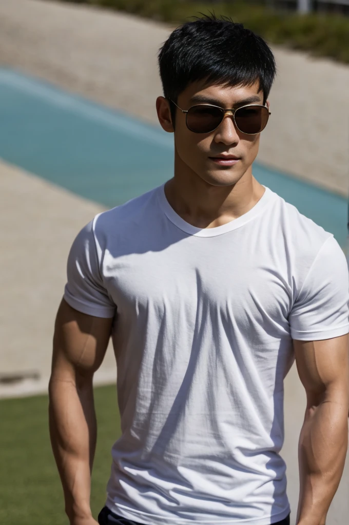 A handsome, muscular young Asian man looks at the camera. In a simple t-shirt white and red , Fieldside, grass, beach, sunlight, Carrying a camera