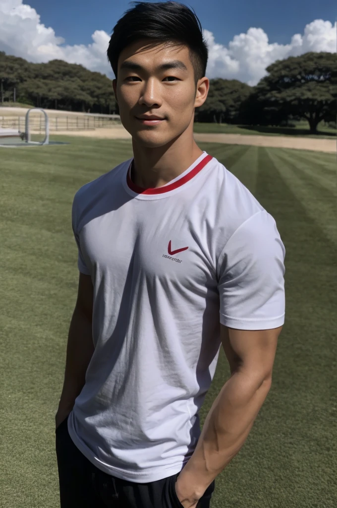 A handsome, muscular young Asian man looks at the camera. In a simple t-shirt white and red , Fieldside, grass, beach, sunlight, Carrying a camera