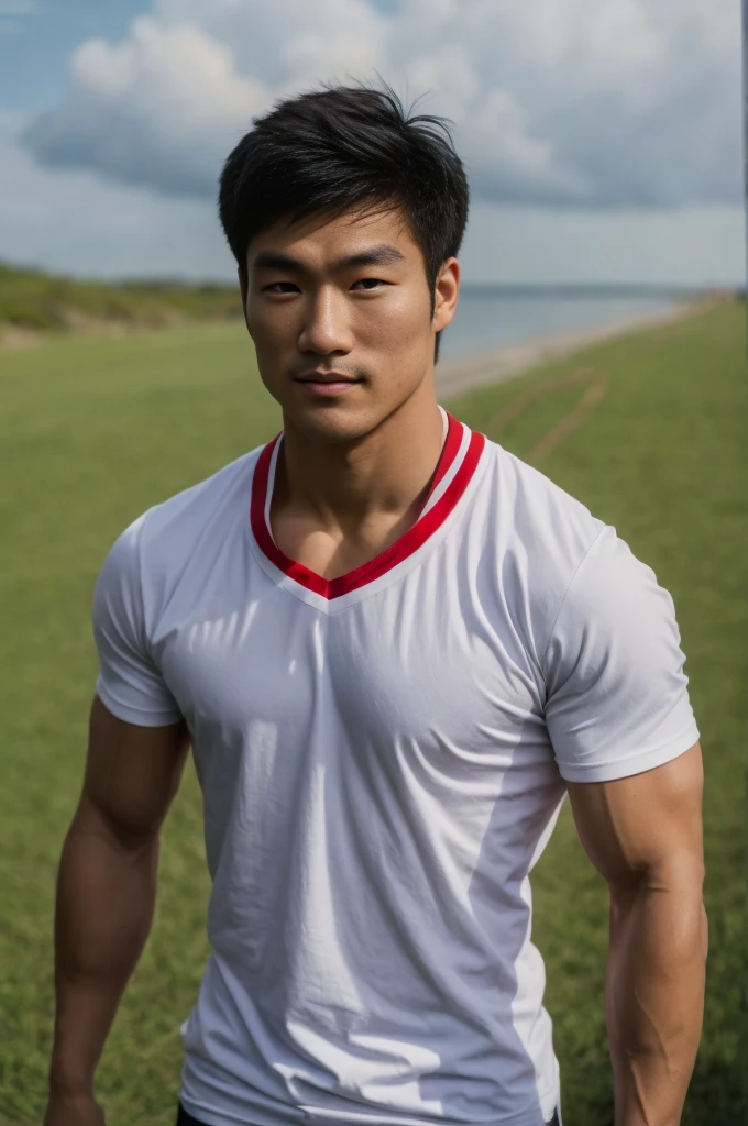 A handsome, muscular young Asian man looks at the camera. In a simple t-shirt white and red , Fieldside, grass, beach, sunlight, Carrying a camera