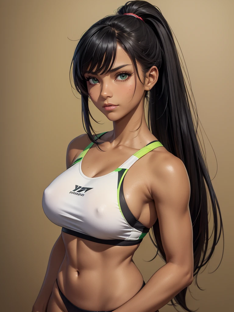 (best quality), 1girl, female, tanned skin, black hair, high ponytail, side swept bangs, long hair, green eyes, perfect eyes, tan lines, athletic, smug, masterpiece, anatomically correct, highres