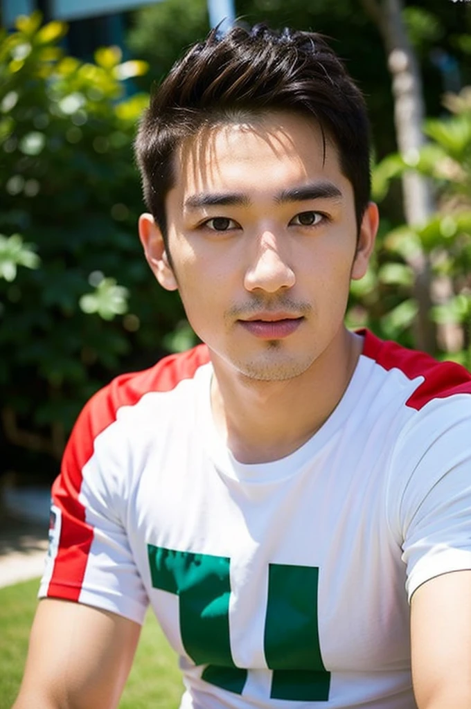 A handsome, muscular young Asian man looks at the camera. In a simple t-shirt white and red , Fieldside, grass, beach, sunlight, Carrying a camera