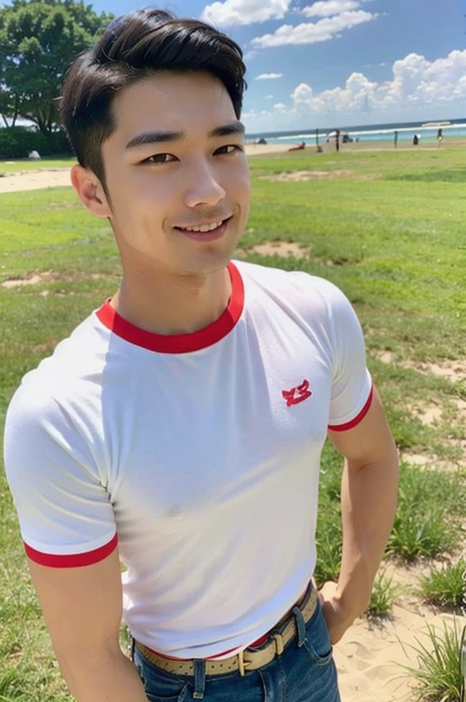 A handsome, muscular young Asian man looks at the camera. In a simple t-shirt white and red , Fieldside, grass, beach, sunlight, Carrying a camera