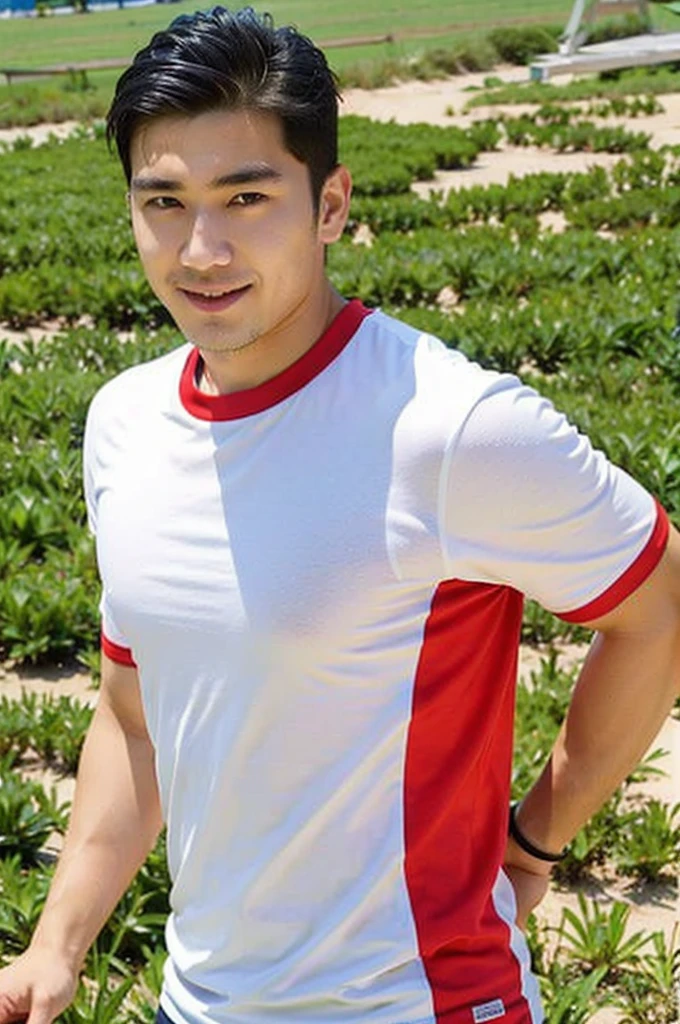 Young Korean man in a white t-shirt and jeans, A handsome, muscular young Asian man looks at the camera. In a simple black and red t-shirt. , Fieldside, grass, beach, sunlight, Carrying a camera, smiling