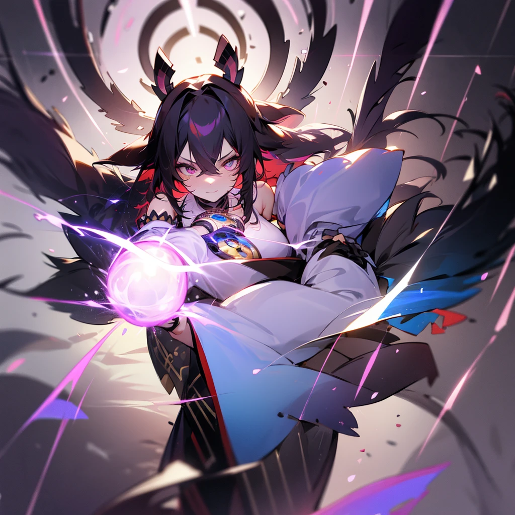 1 girl, detached sleeves, neckleace, multicolored hair, black hair long, animal ears, multiple tails, trunk, lindo rosto, perfectbody, glare eyes, work of art, best qualityer, focus on details, use ice or electricity, warrior or magician