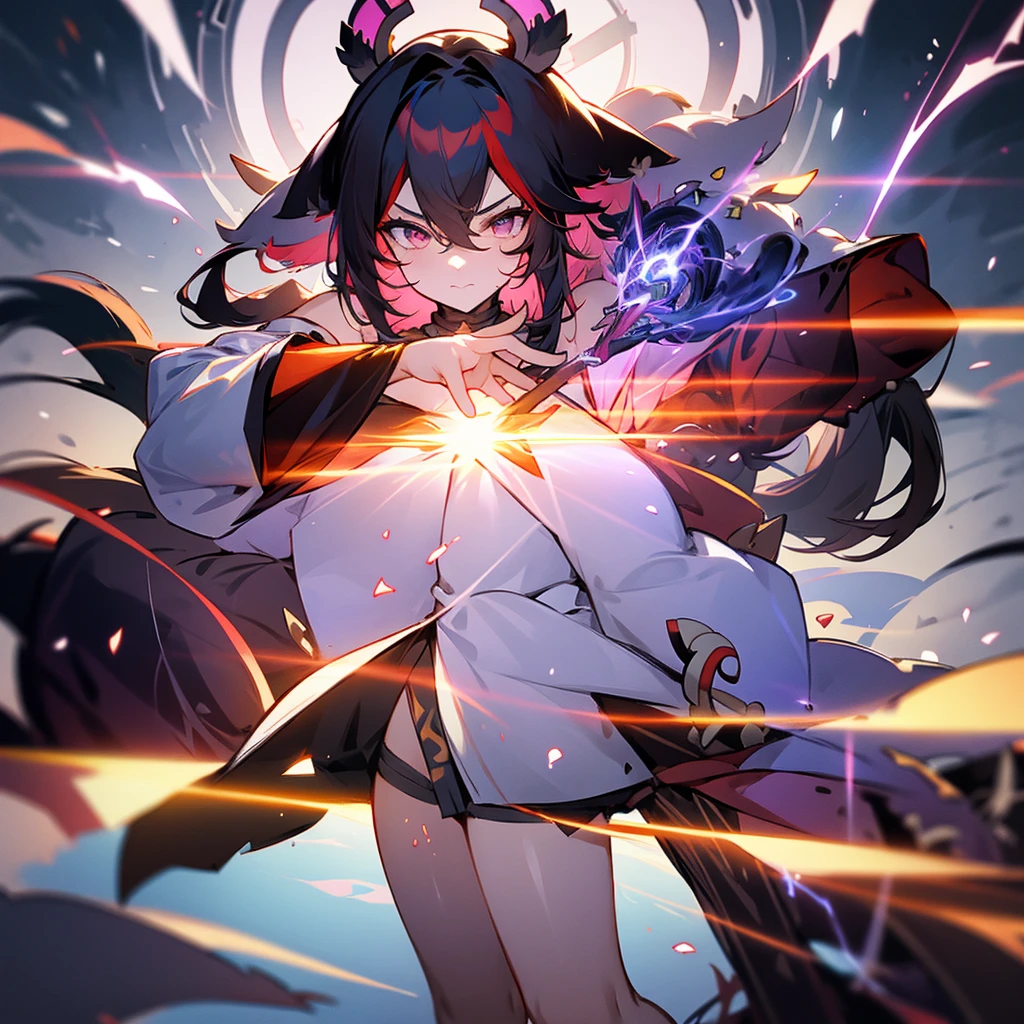 1 girl, detached sleeves, neckleace, multicolored hair, black hair long, animal ears, multiple tails, trunk, lindo rosto, perfectbody, glare eyes, work of art, best qualityer, focus on details, use ice or electricity, warrior or magician