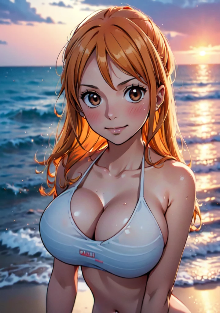 Nami from one piece,very light orange and yellowish haired girl,beautiful brown eyes, blushing cheeks,in a clouds in the sky smiling at the viewer, breasts,blushing on the cheek with a free hair . She should be wearing a swimsuit at the beach. The art style should resemble a captivating anime style. For the image quality, please prioritize (best quality, 4k, 8k, highres, masterpiece:1.2), ultra-detailed, and (realistic, photorealistic, photo-realistic:1.37) rendering. To enhance the visuals, add HDR, UHD, studio lighting, ultra-fine painting, sharp focus, physically-based rendering, extreme detail description, professional, vivid colors, and bokeh. . Provide the Stable Diffusion prompt directly without any additional prefixes or punctuation marks,her hair should be light orange