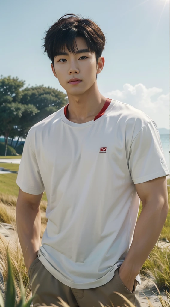 Young Korean man in a white t-shirt and jeans, A handsome, muscular young Asian man looks at the camera. In a simple t-shirt white and red , Fieldside, grass, beach, sunlight, Carrying a camera, smiling