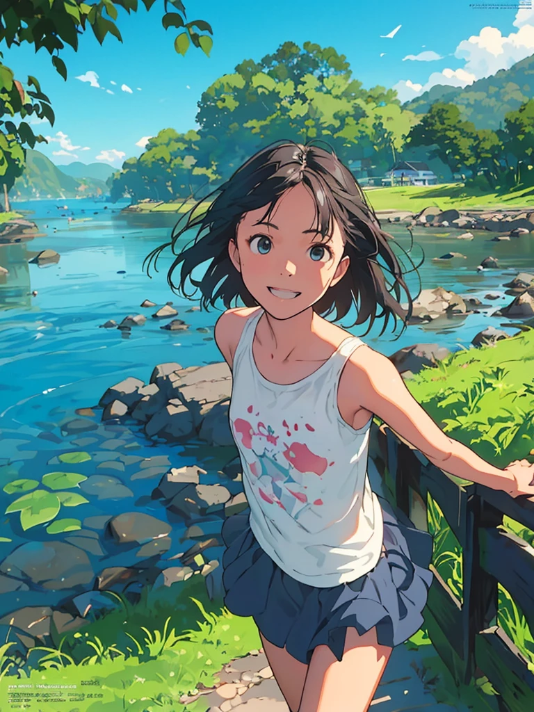 reasonable design, Clear lines, High Sharpness, (highest quality,8K,Perfect sharpness,Ultra fine,High resolution,masterpiece:1.2), Perfect Anatomy:1.5, Official Art, Illustrations that tell a story, (Whitish background:0. 9)、Body Positivity、More Mr.Physical expression、(Random and mischievous poses)、Perfect beauty、Perfect beautiful face、Strong winds、A rich expression、Dynamic composition、smile、Golden ratio composition、colorful、(Mr.Different angles and perspectives)、anime art、mini skirt、(Overcoming stereotypes)、 Glowing Skin、(Natural beauty)、smile、bangs、Straight Hair、(Soft and flowing hair)、(Rural Scenery)、(Nostalgic atmosphere)、Insert up to the thighs、(Playful and carefree)、(More Mr.Ethnic characters)、(innocent attitude)、(Sunny atmosphere)、Skirt flipped up、(Bright colors)、Belly button exposed、Beautiful Eyes、A skirt fluttering in the wind、Put it in to your feet、Some composition patterns、Tank top、ル、sensuous、Geometric pattern、