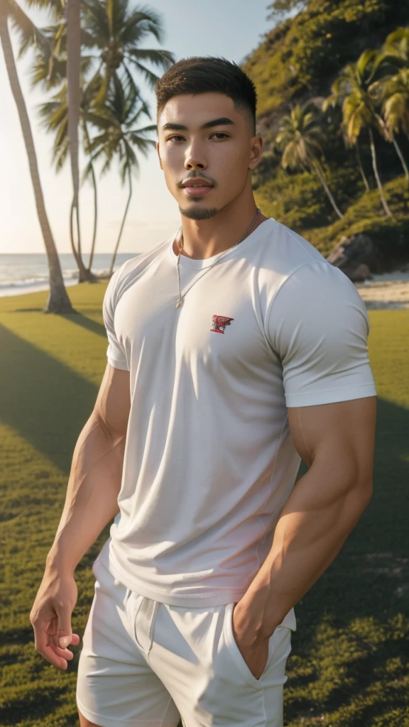 Tony Labrusca, A handsome, muscular young Asian man looks at the camera. In a simple t-shirt white and red , Fieldside, grass, beach, sunlight, Carrying a camera