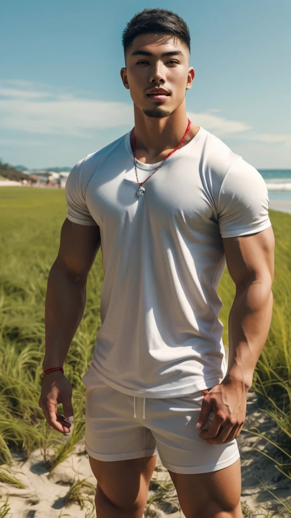 Tony Labrusca, A handsome, muscular young Asian man looks at the camera. In a simple t-shirt white and red , Fieldside, grass, beach, sunlight, Carrying a camera