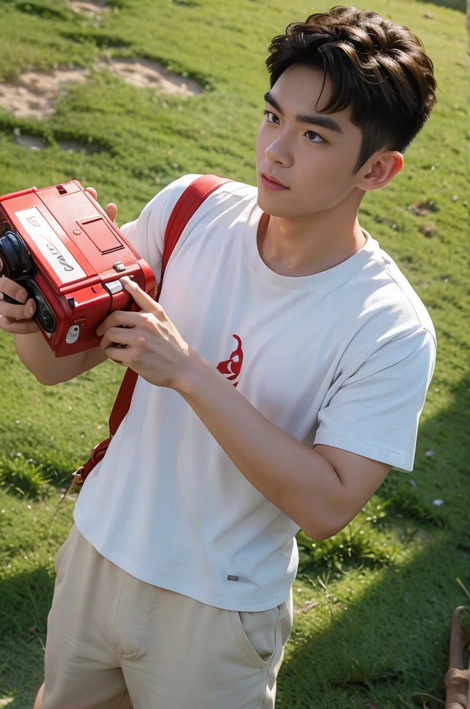 A handsome, muscular young Asian man looks at the camera. In a simple t-shirt white and red , Fieldside, grass, beach, sunlight, Carrying a camera