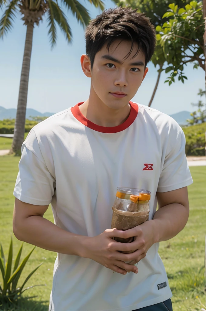 A handsome, muscular young Asian man looks at the camera. In a simple t-shirt white and red , Fieldside, grass, beach, sunlight, Carrying a camera