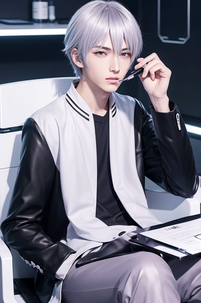 Clip art of anime style game
good looking young man
slender
Silver hair
Purple eyes
Cyber lab
Laboratory of the dark future
Researcher
white coat
Chewing a pen
Bite a ballpoint pen with your teeth.
think
Sit
Luxurious black chair