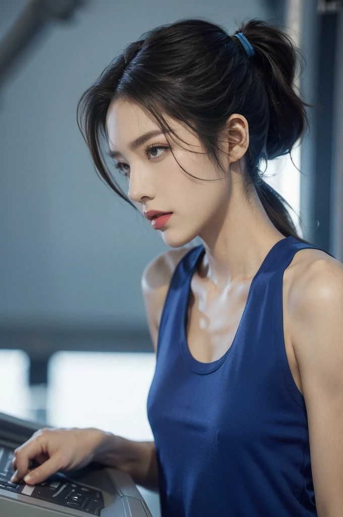 (((best quality))),(((ultra detailed))),(((masterpiece))),illustration,((1girl, female, Air Force commander,solo)),(short ponytail:1.2),((slim,thin)),((small breasts,flat chest)),poised, confidence, authority,(blue tank top:1.3),piercing eyes, control panel, military airport, soldiers, duties, fighter jets, clear sky, engine roar, excitement, energy, control room, monitors, switches, mosaic colors, expertise, pilots, headset, calm voice, strong presence, attention, respect, leadership, dedication, courage, bravery, women in military, inner strength, resilience, inspiration,((from front,close-up of face))