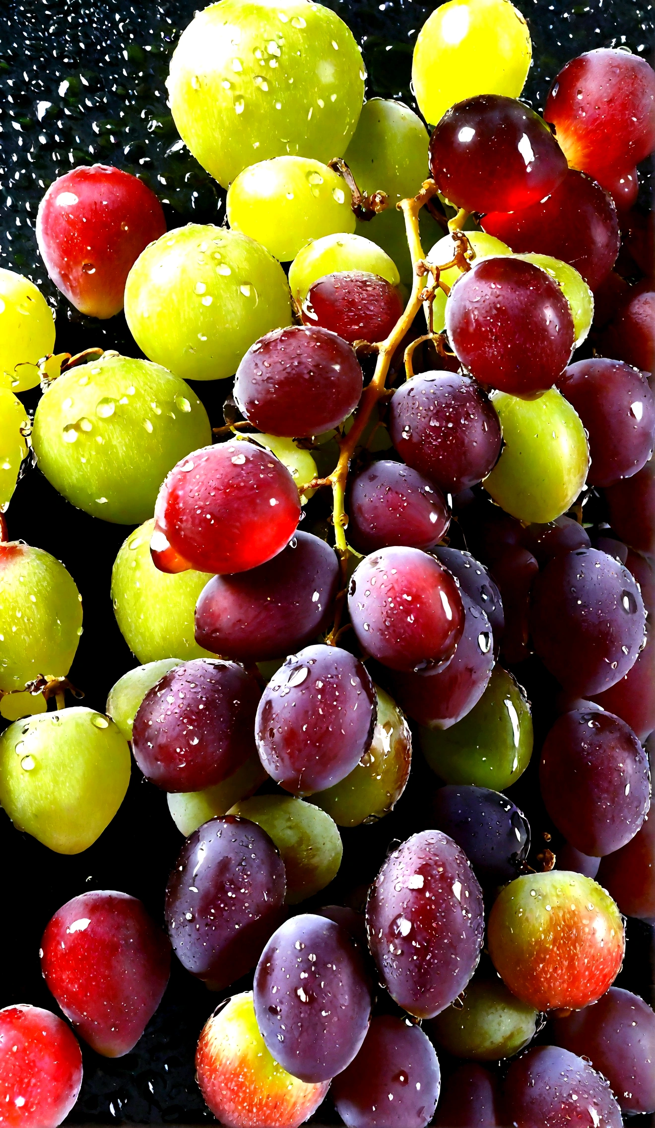 桌面上摆放着一串Green grapes，A bunch of red grapes，Green grapes，Water Drops，Side close-up，从侧面photography，Dew on the fruit，High-definition realism，photography，It looks very tempting，The theme image only takes up half of the screen，The background is a clean desktop。