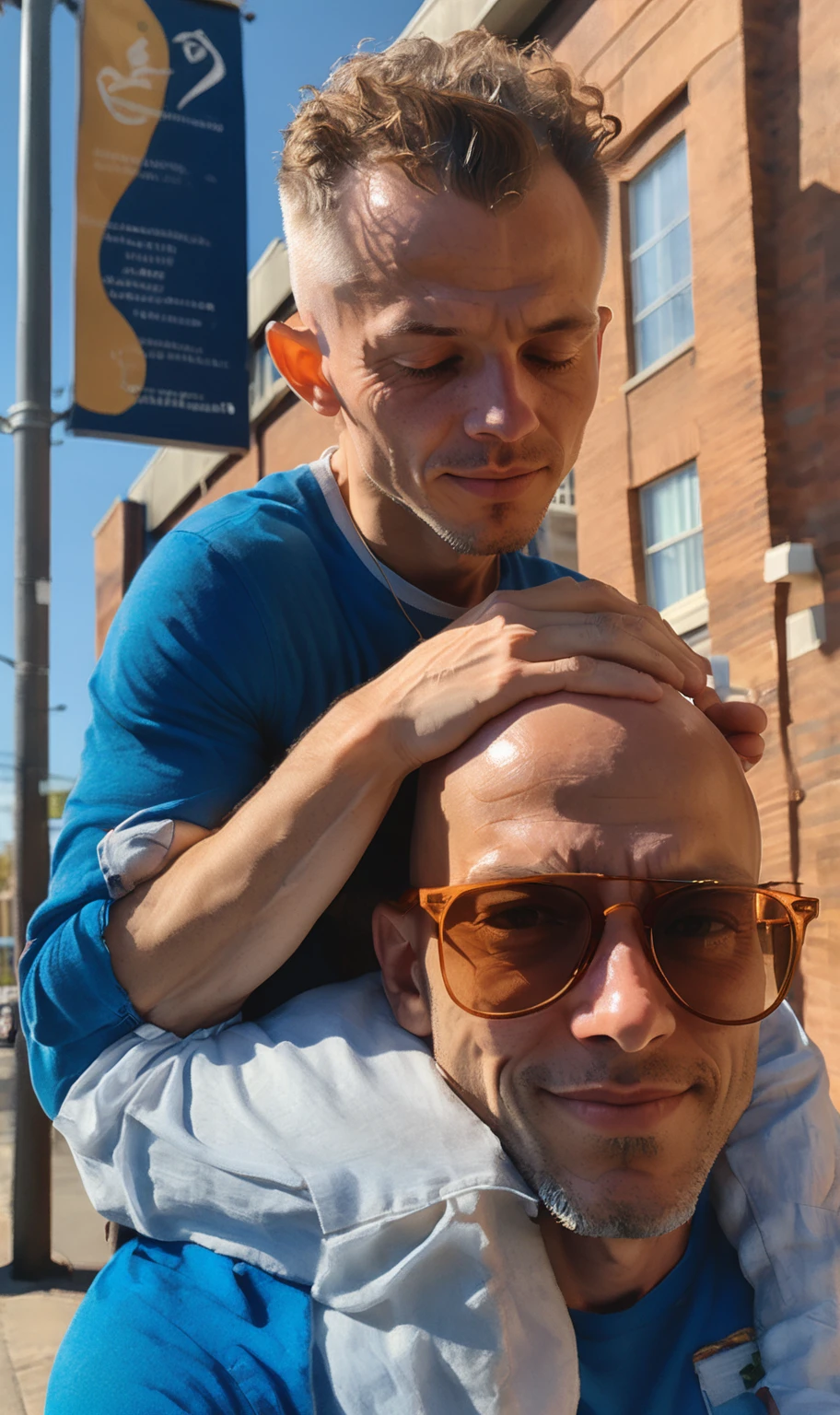 sharpened man holding one on his shoulders in front of a building, having fun in the sun, profile image, with a , full head and shoulders, afternoon sunlight, growth on head, post, por Lee Loughridge, bald on top, tirada no iphone 1 3 pro, warm sunshine, inspired by Lee Gatch, tirada no iphone 14 pro