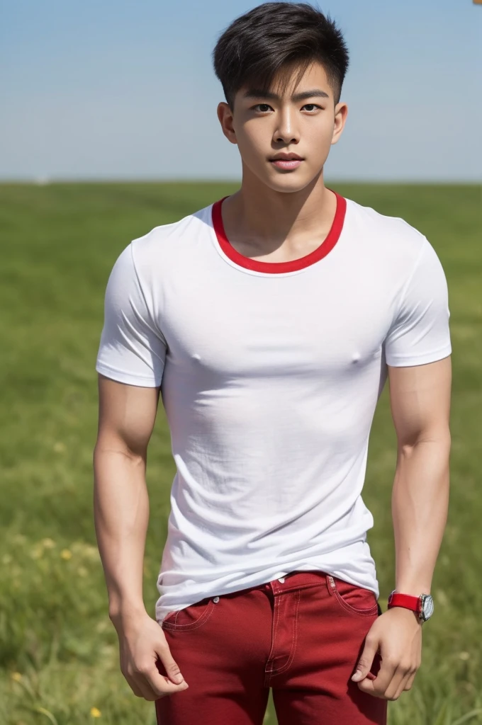 Young Korean man in a white t-shirt and jeans, A handsome, muscular young Asian man looks at the camera in(Simple t-shirt white and red:1.5) , Fieldside, grass, beach, sunlight, Carrying a camera