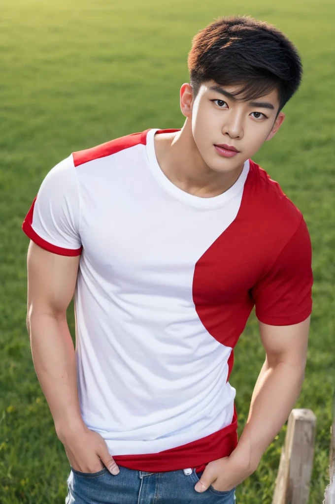 Young Korean man in a white t-shirt and jeans, A handsome, muscular young Asian man looks at the camera in(Simple t-shirt white and red:1.5) , Fieldside, grass, beach, sunlight, Carrying a camera