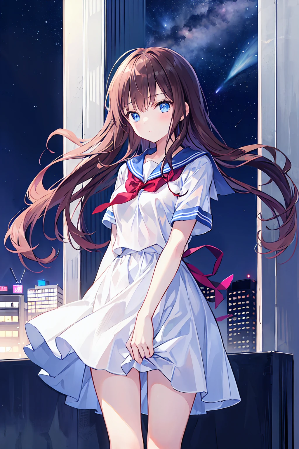 A girl stands on the roof of a skyscraper overlooking Tokyo late at night、High school student wearing a black and white sailor uniform，Some Star Cream、Beautiful starry sky、Beautiful night view、blue eyes，Brown Hair，Small breasts