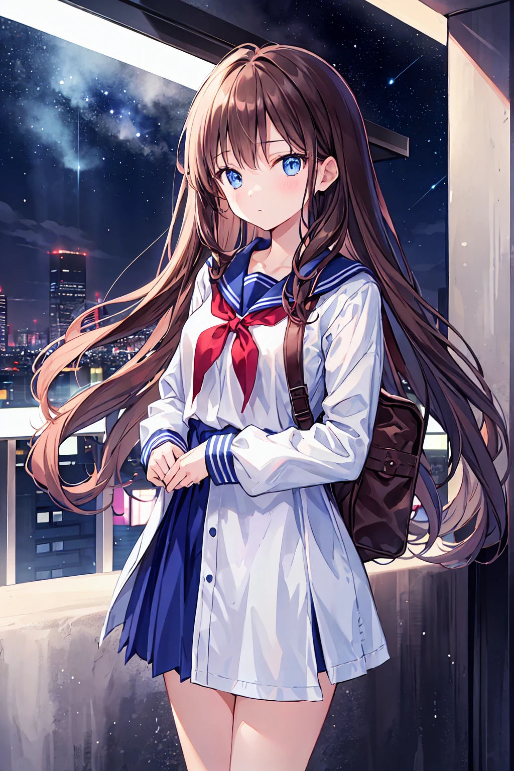 A girl stands on the roof of a skyscraper overlooking Tokyo late at night、High school student wearing a black and white sailor uniform，Some Star Cream、Beautiful starry sky、Beautiful night view、blue eyes，Brown Hair，Small breasts