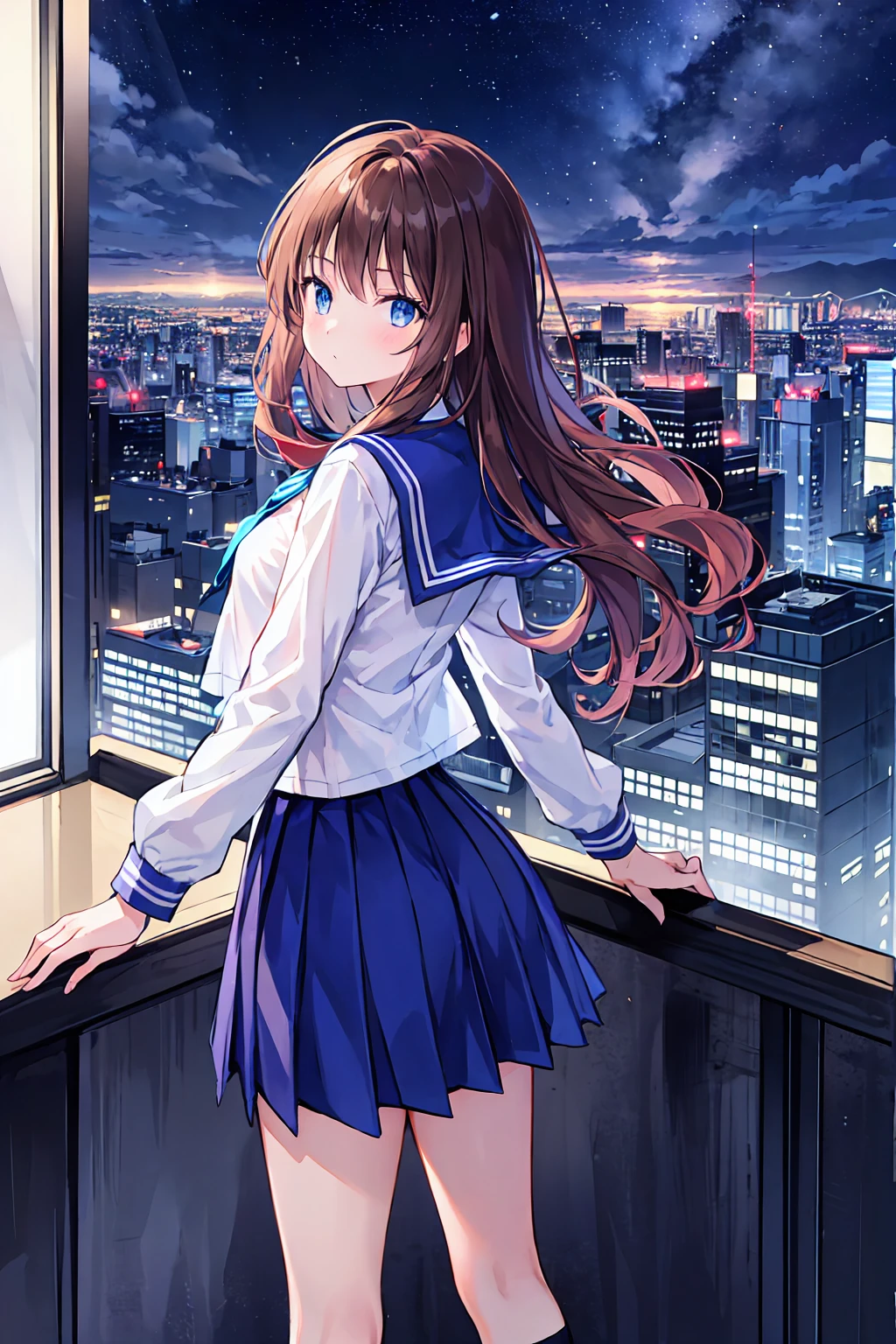 A girl stands on the roof of a skyscraper overlooking Tokyo late at night、High school student wearing a black and white sailor uniform,Some Star Cream、Beautiful starry sky、Beautiful night view、blue eyes,Brown Hair,Small breasts