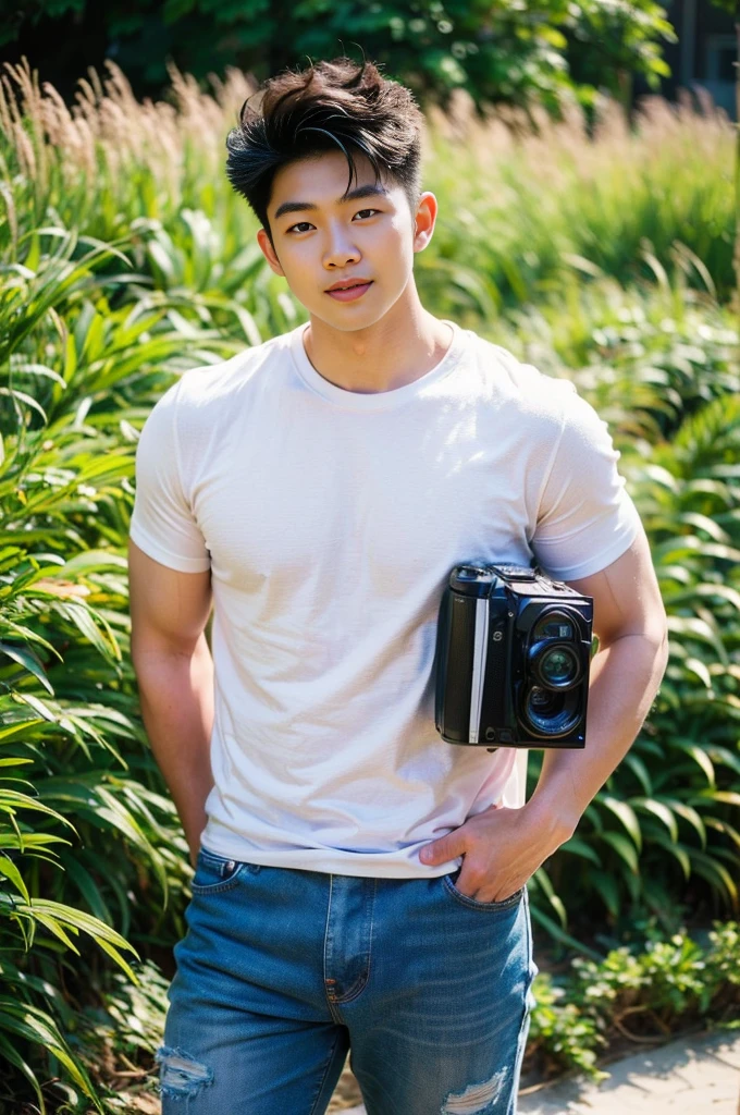 Young Korean man in a white t-shirt and jeans, A handsome, muscular young Asian man looks at the camera. In a simple t-shirt white and red , Fieldside, grass, beach, sunlight, Carrying a camera