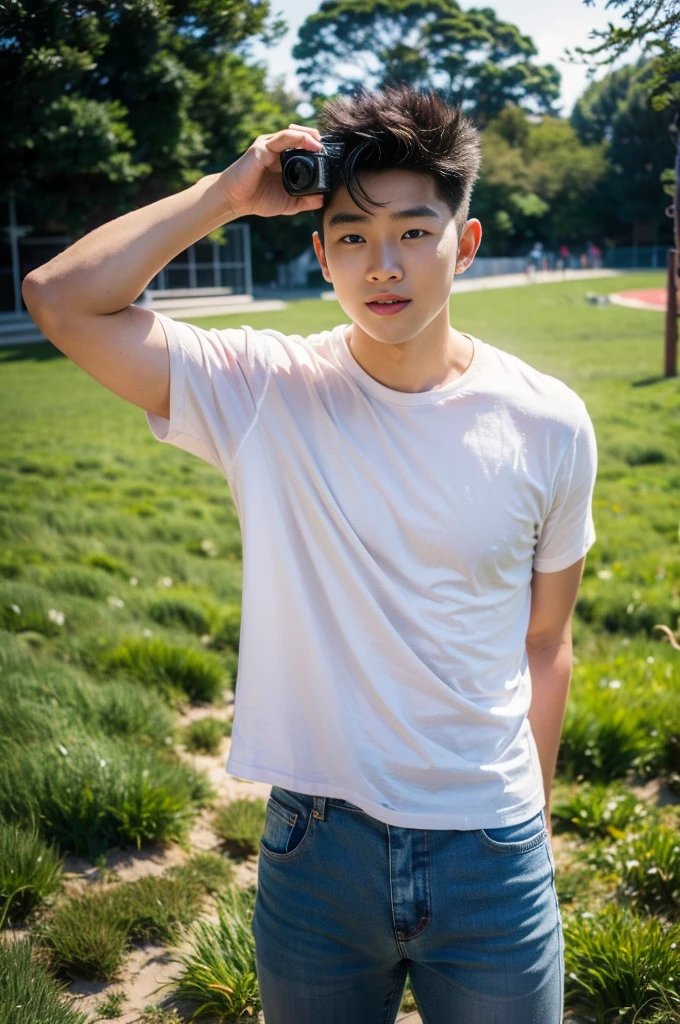 Young Korean man in a white t-shirt and jeans, A handsome, muscular young Asian man looks at the camera. In a simple t-shirt white and red , Fieldside, grass, beach, sunlight, Carrying a camera