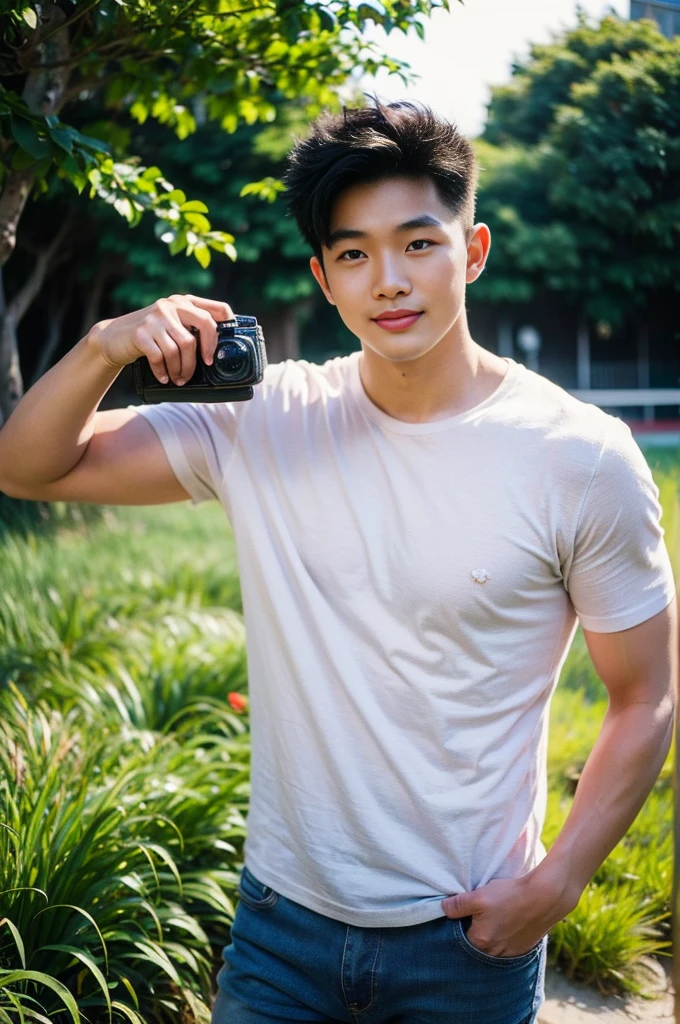 Young Korean man in a white t-shirt and jeans, A handsome, muscular young Asian man looks at the camera. In a simple t-shirt white and red , Fieldside, grass, beach, sunlight, Carrying a camera