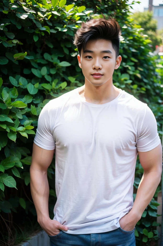 Young Korean man in a white t-shirt and jeans, A handsome, muscular young Asian man looks at the camera. In a simple t-shirt white and red , Fieldside, grass, beach, sunlight, Carrying a camera