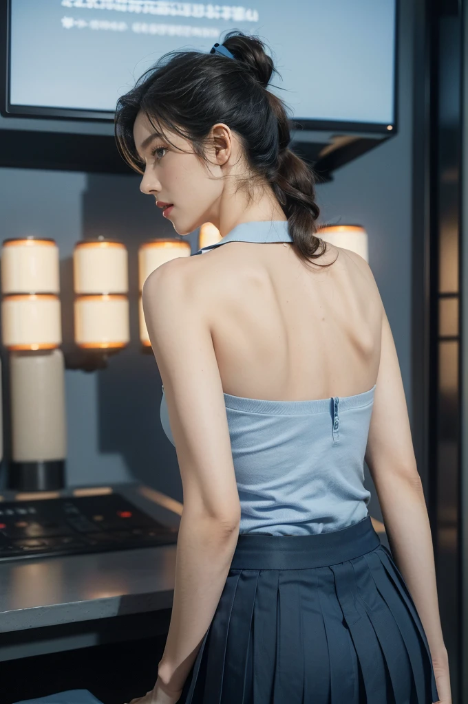 (((best quality))),(((ultra detailed))),(((masterpiece))),illustration,((1girl, female, Air Force commander,solo)),(short ponytail:1.2),((slim,thin)),((shoulder off,strapless,bare back,towering hips,butt crack)),poised, confidence, authority,(light blue collared short-sleeved shirt:1.3),(dark blue pleated skirt:1.2), (slender legs:1.2),piercing eyes, control panel, military airport, soldiers, duties, fighter jets, clear sky, engine roar, excitement, energy, control room, monitors, switches, mosaic colors, expertise, pilots, headset, calm voice, strong presence, attention, respect, leadership, dedication, courage, bravery, women in military, inner strength, resilience, inspiration,((from back,upper body))