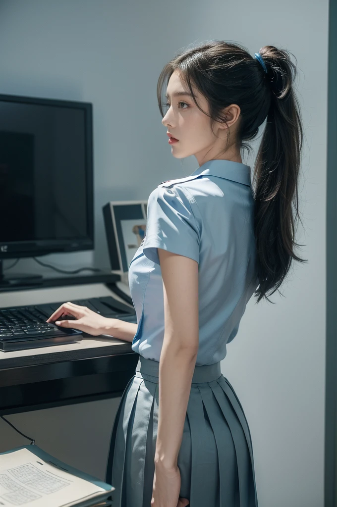 (((best quality))),(((ultra detailed))),(((masterpiece))),illustration,((1girl, female, Air Force commander,solo)),(short ponytail:1.2),((slim,thin)),((shoulder off,strapless,bare back,towering hips,butt crack)),poised, confidence, authority,(light blue collared short-sleeved shirt:1.3),(dark blue pleated skirt:1.2), (slender legs:1.2),piercing eyes, control panel, military airport, soldiers, duties, fighter jets, clear sky, engine roar, excitement, energy, control room, monitors, switches, mosaic colors, expertise, pilots, headset, calm voice, strong presence, attention, respect, leadership, dedication, courage, bravery, women in military, inner strength, resilience, inspiration,((from back,upper body))
