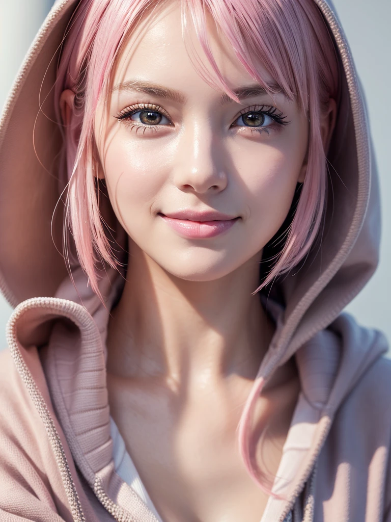 Face view, masterpiece, 1 beautiful girl, fine grain, Highest quality, Ultra High resolution, (reality: 1.4), Cinema Lighting, Beautiful Skin, (Ultra-realistic), (High resolution), (8K), (Very detailed), Best illustrations), With a slightly pouty face,  (Crystal colorful lights), Very sophisticated and beautiful, Beautiful attention to detail, Round eyes, Detailed facial features, (Round pupils:1.4), (Attractive face), smile:1.3, Smiling Lips, smile, beautiful girl, (Small breasts:1.3), A shallow smile, Open your lips, (Beautiful and elaborate face, Beautiful and delicate eyes), Pink Cheeks, mascara, Dynamic pose, Pink Hair, short hair, Grey hoodie, 