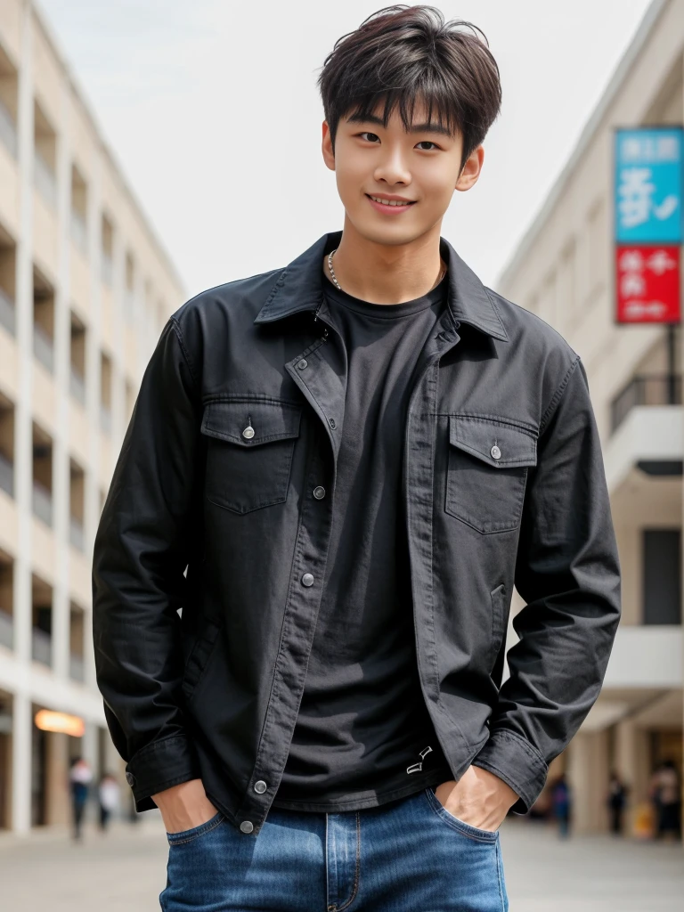 独奏: 1.5, (As a matter of fact, Masterpiece, 8k HD, good light quality, sportswear, fit the face, complicated details), A handsome Korean young man with muscular arms. , 20 years old, be happy, smile brightly, detailed face, delicate eyes, look at the sky, Wear a tight black t-shirt.:1.6 ,Wear a denim coat., jeans period, black eyes, Black hair color, ผมsmooth, smooth,Surreal,Awesome details,Highest quality,real,Open your mouth to talk. , Close your eyes., (standing in department store:1.5)