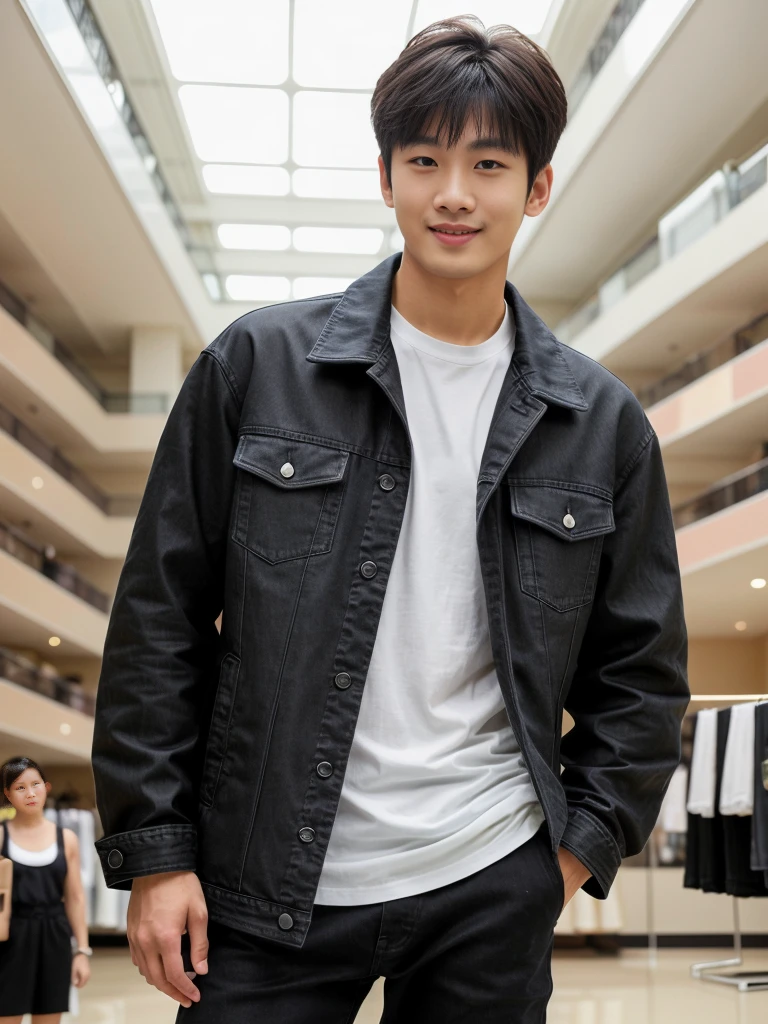 独奏: 1.5, (As a matter of fact, Masterpiece, 8k HD, good light quality, sportswear, fit the face, complicated details), A handsome Korean young man with muscular arms. , 20 years old, be happy, smile brightly, detailed face, delicate eyes, look at the sky, Wear a tight black t-shirt.:1.6 ,Wear a denim coat., jeans period, black eyes, Black hair color, ผมsmooth, smooth，Surreal，Awesome details，Highest quality，real，Open your mouth to talk. , Close your eyes., (standing in department store:1.5)