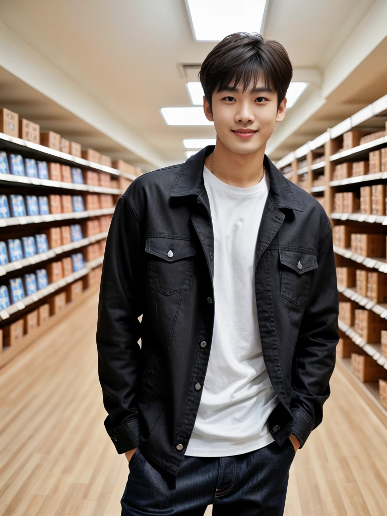 独奏: 1.5, (As a matter of fact, Masterpiece, 8k HD, good light quality, sportswear, fit the face, complicated details), A handsome Korean young man with muscular arms. , 20 years old, be happy, smile brightly, detailed face, delicate eyes, look at the sky, Wear a navy tight T-shirt.:1.6 ,Wear a denim coat., jeans period, black eyes, Black hair color, ผมsmooth, smooth，Surreal，Superb details，Highest quality，real，Open your mouth to talk. , Close your eyes., (Standing in a Thai restaurant, Burmese temple:1.1)