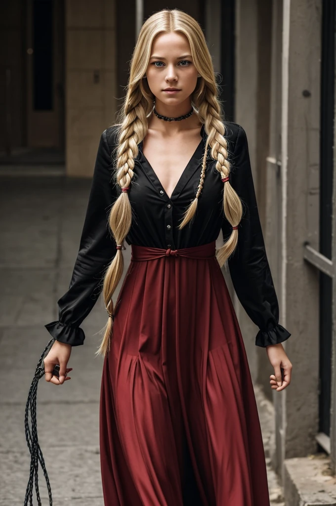 A girl has red eyes and long blonde hair that she has tied into two long braids. She is usually shown wearing a dark red dress, though she wore a black dress when she visited Trinity's event. Whenever she becomes serious, it is shown by her having black eyes. She can control wirelike objects, ranging from chains to wires. She is also able to oscillate said objects at high speed and use them to cut people.