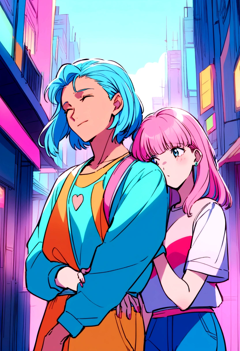 Pink and blue hair girl, soda, Inspired by 90s anime, Cyberpunk City, praise, colorful, , Pink Hair, Blue hair, sadness, arm in arm with boyfriend Happy couple