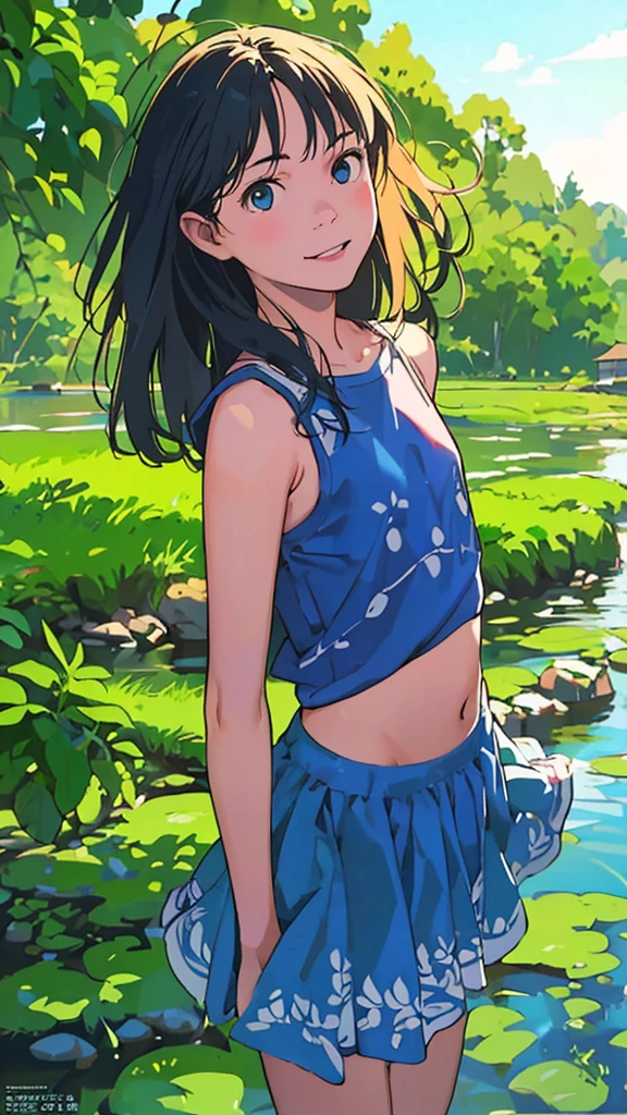 reasonable design, Clear lines, High Sharpness, (highest quality,8K,Perfect sharpness,Ultra fine,High resolution,masterpiece:1.2), Perfect Anatomy:1.5, Official Art, Illustrations that tell a story, (Whitish background:0. 9)、Body Positivity、More Mr.Physical expression、(Random and mischievous poses)、Perfect beauty、Perfect beautiful face、Strong winds、A rich expression、Dynamic composition、smile、Golden ratio composition、colorful、(Mr.Different angles and perspectives)、anime art、mini skirt、(Overcoming stereotypes)、 Glowing Skin、(Natural beauty)、smile、bangs、Straight Hair、(Soft and flowing hair)、(Rural Scenery)、(Nostalgic atmosphere)、Insert up to the thighs、(Playful and carefree)、(More Mr.Ethnic characters)、(innocent attitude)、(Sunny atmosphere)、Skirt flipped up、(Bright colors)、Belly button exposed、Beautiful Eyes、A skirt fluttering in the wind、Put it in to your feet、Some composition patterns、Tank top、ル、sensuous、Geometric pattern、
