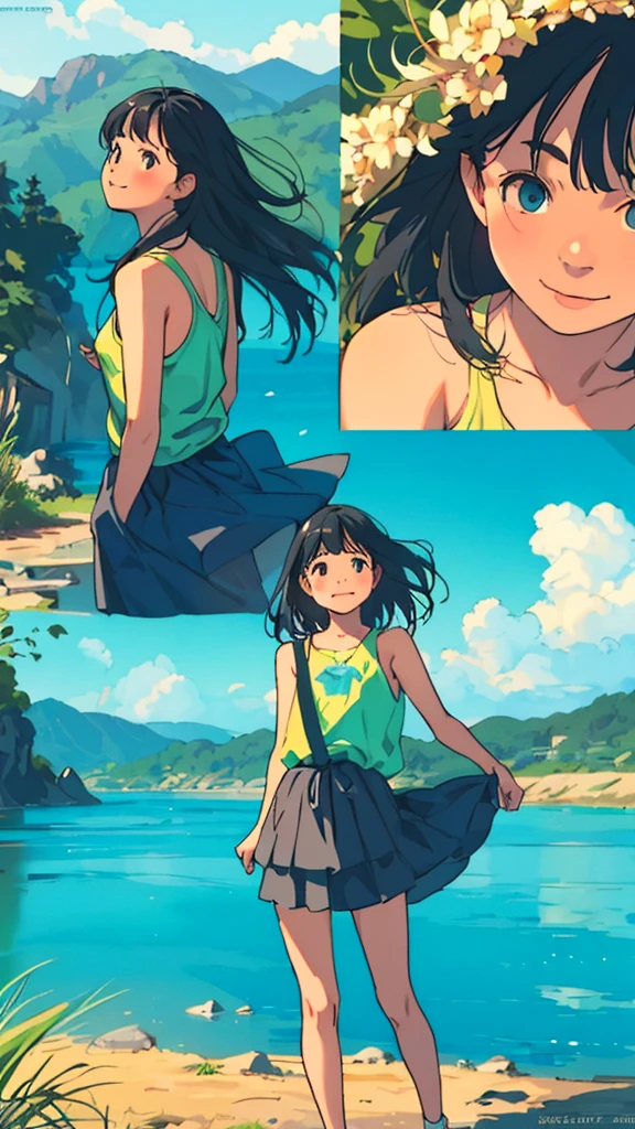 reasonable design, Clear lines, High Sharpness, (highest quality,8K,Perfect sharpness,Ultra fine,High resolution,masterpiece:1.2), Perfect Anatomy:1.5, Official Art, Illustrations that tell a story, (Whitish background:0. 9）、Body Positivity、More Mr.Physical expression、（Random and mischievous poses）、Perfect beauty、Perfect beautiful face、Strong winds、A rich expression、Dynamic composition、smile、Golden ratio composition、colorful、（Mr.Different angles and perspectives）、anime art、mini skirt、（Overcoming stereotypes）、 Glowing Skin、（Natural beauty）、smile、bangs、Straight Hair、（Soft and flowing hair）、（Rural Scenery）、（Nostalgic atmosphere）、Insert up to the thighs、（Playful and carefree）、（More Mr.Ethnic characters）、（innocent attitude）、（Sunny atmosphere）、Skirt flipped up、（Bright colors）、Belly button exposed、Beautiful Eyes、A skirt fluttering in the wind、Put it in to your feet、Some composition patterns、Tank top、ル、sensuous、Geometric pattern、
