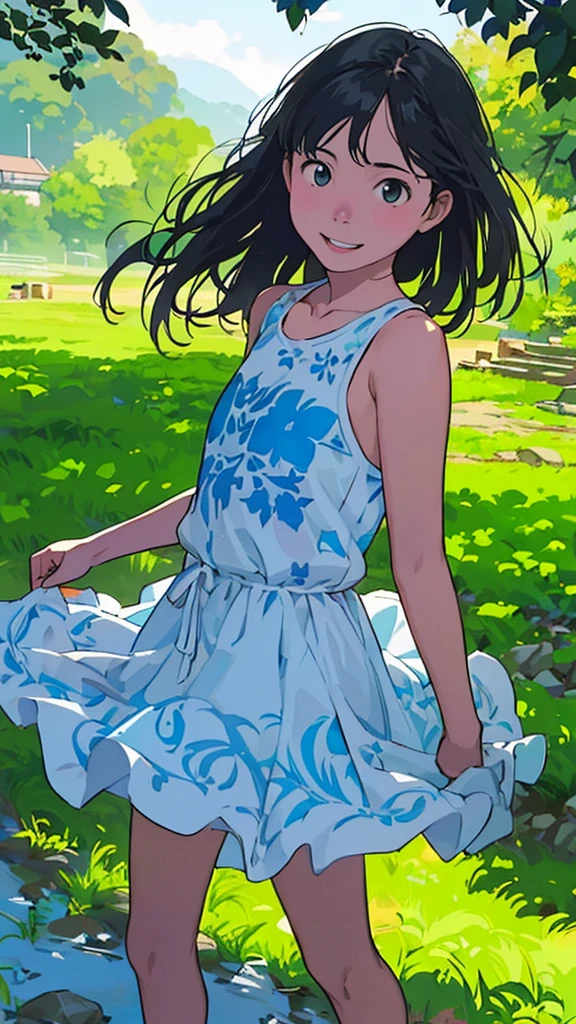 reasonable design, Clear lines, High Sharpness, (highest quality,8K,Perfect sharpness,Ultra fine,High resolution,masterpiece:1.2), Perfect Anatomy:1.5, Official Art, Illustrations that tell a story, (Whitish background:0. 9)、Body Positivity、More Mr.Physical expression、(Random and mischievous poses)、Perfect beauty、Perfect beautiful face、Strong winds、A rich expression、Dynamic composition、smile、Golden ratio composition、colorful、(Mr.Different angles and perspectives)、anime art、mini skirt、(Overcoming stereotypes)、 Glowing Skin、(Natural beauty)、smile、bangs、Straight Hair、(Soft and flowing hair)、(Rural Scenery)、(Nostalgic atmosphere)、Insert up to the thighs、(Playful and carefree)、(More Mr.Ethnic characters)、(innocent attitude)、(Sunny atmosphere)、Skirt flipped up、(Bright colors)、Belly button exposed、Beautiful Eyes、A skirt fluttering in the wind、Put it in to your feet、Some composition patterns、Tank top、ル、sensuous、Geometric pattern、