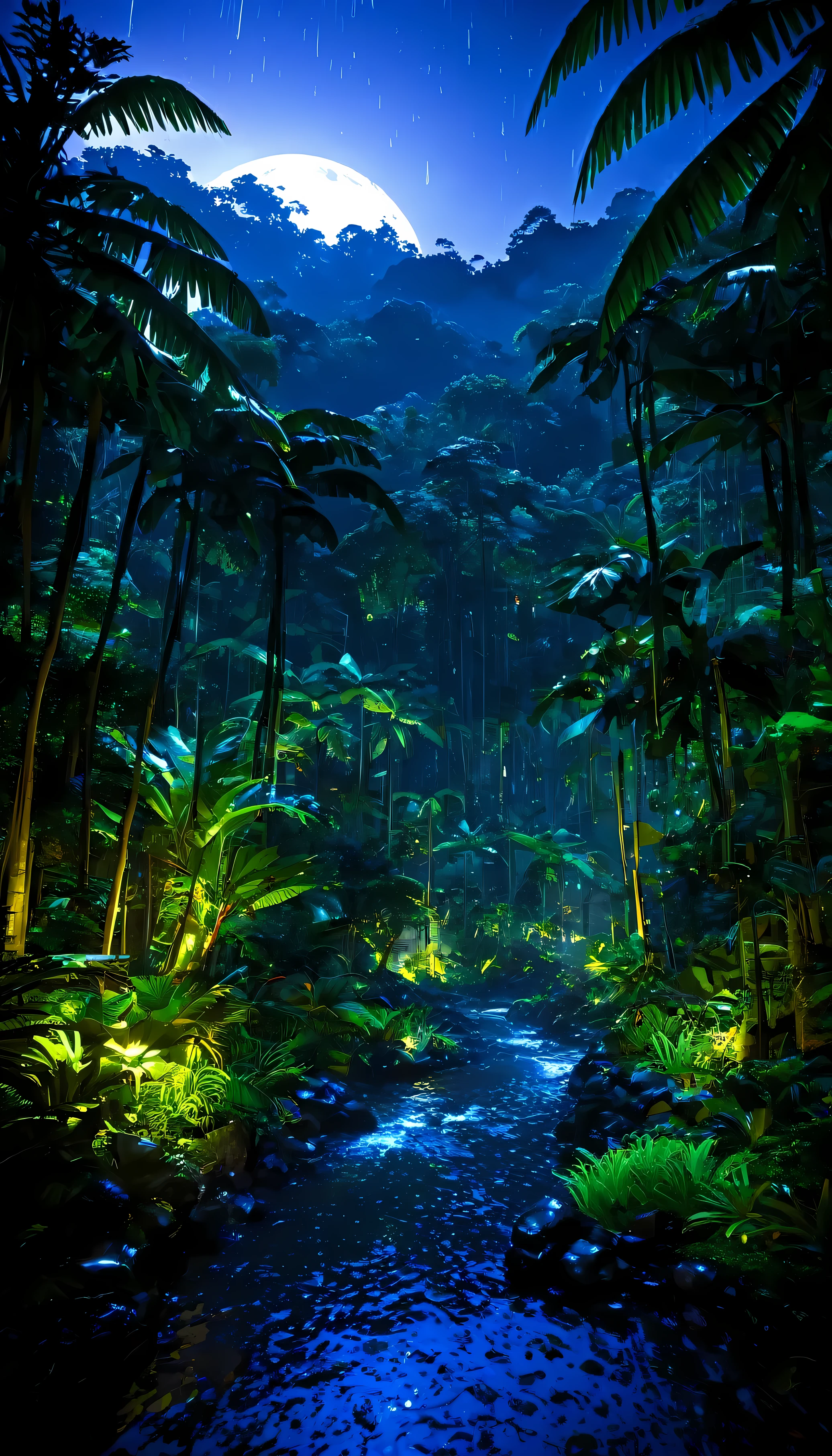 anime styling, fancy, paisaje, naturey, exotic colors, no characters, no green colors. Ultra realistic , night time , lush tropical rainforests 
