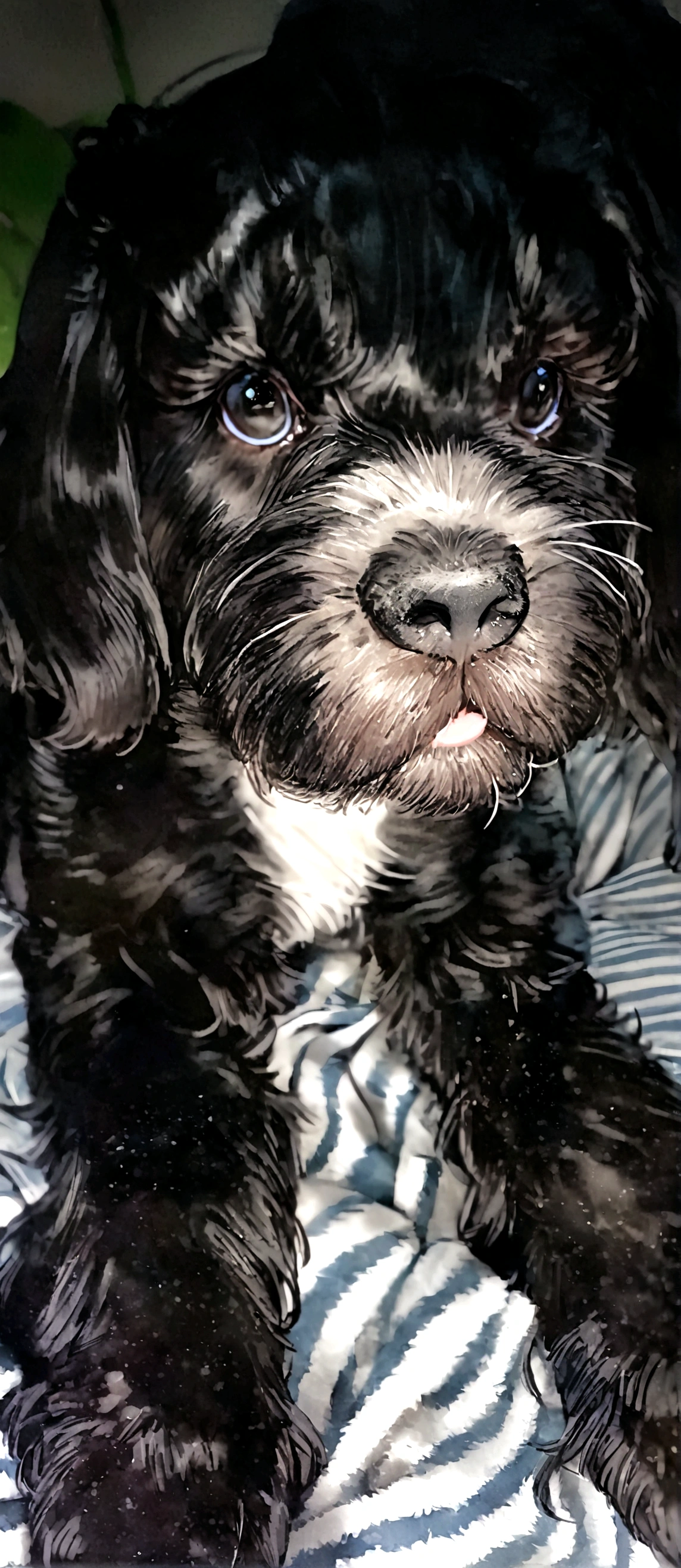 Cute jet black Cocker Spaniel puppy with white chest, white mole on the nose