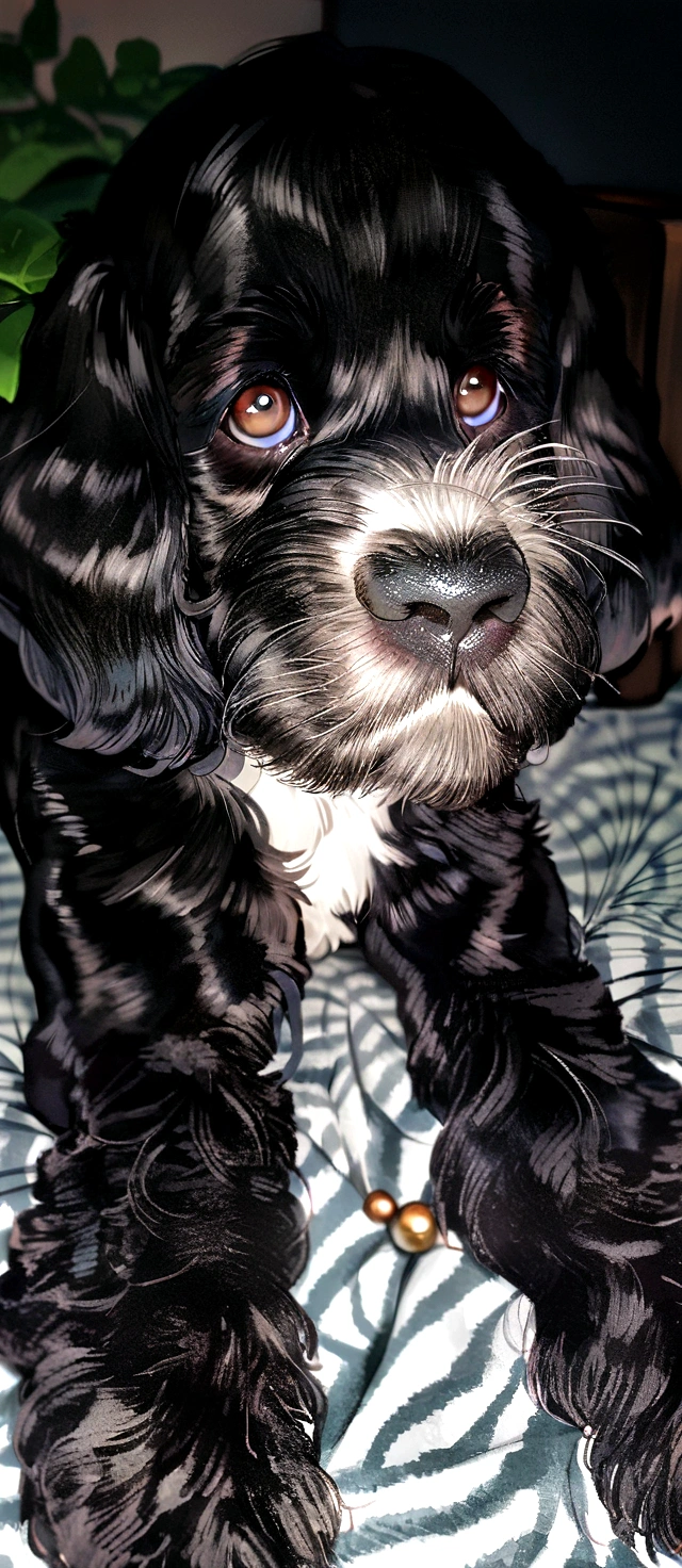 Cute jet black Cocker Spaniel puppy with white chest, white mole on the nose