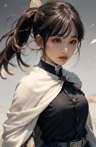 (RAW Photos, Highest quality), (Realistic, Photorealistic Truth: 1.3), Highest quality, Very detailed, masterpiece, Super detailed, shape, One Girl, Kanao Tsuyuri, ((Buns pats,Side Ponytail)),(( Demon Slayer uniform:1.4)), Butterfly Hair Ornament,,( white belt), (Cape, white Cape),, (Black jacket), (Pleated skirt), belt, (Black Skirt), knees, buckle, Sheathed, belt buckle, (Black Shirt:1.0),, Swinging the Sword, upper_body, Dynamic Angle, World Mastery Theatre, Long hair flutters, Fluorescent Center, Dynamic fire background, Highest quality, 8K wallpapers incorporating highly detailed CG, ink, wonderful, Cinema Lighting, lens_Flare, wuxia_style,(((Straight bangs))),