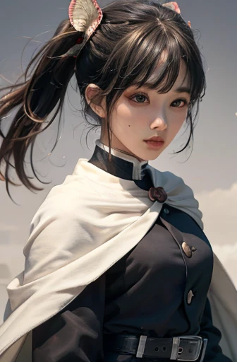 (RAW Photos, Highest quality), (Realistic, Photorealistic Truth: 1.3), Highest quality, Very detailed, masterpiece, Super detailed, shape, One Girl, Kanao Tsuyuri, ((Buns pats,Side Ponytail)),(( Demon Slayer uniform:1.4)), Butterfly Hair Ornament,,( white belt), (Cape, white Cape),, (Black jacket), (Pleated skirt), belt, (Black Skirt), knees, buckle, Sheathed, belt buckle, (Black Shirt:1.0),, Swinging the Sword, upper_body, Dynamic Angle, World Mastery Theatre, Long hair flutters, Fluorescent Center, Dynamic fire background, Highest quality, 8K wallpapers incorporating highly detailed CG, ink, wonderful, Cinema Lighting, lens_Flare, wuxia_style,(((Straight bangs))),