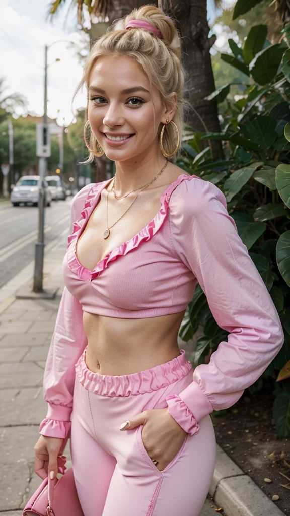 A cute 25 years old woman with blond hairs, hair bun, hot pink clothing, wearing a ruffle long sleeve top, wearing a denim hot pants mit gürtel, under the hotpants she is wearing a leggings, high heels, colorful makeup, earrings,necklace, a hot pin purse, smiling, she is posing at a tree