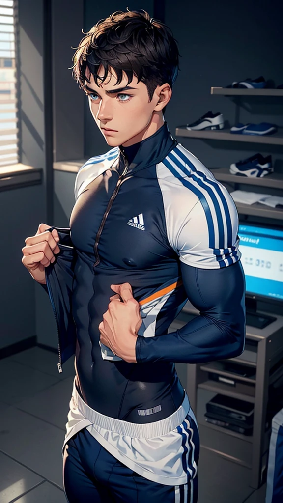 1 boy, 20-year-old boy, football player, Sleek light brown muscular structure, blue eyes, black short hair, smooth, He wore a tight navy blue Adidas sports suit.,The man looks confident and determined.,looking down